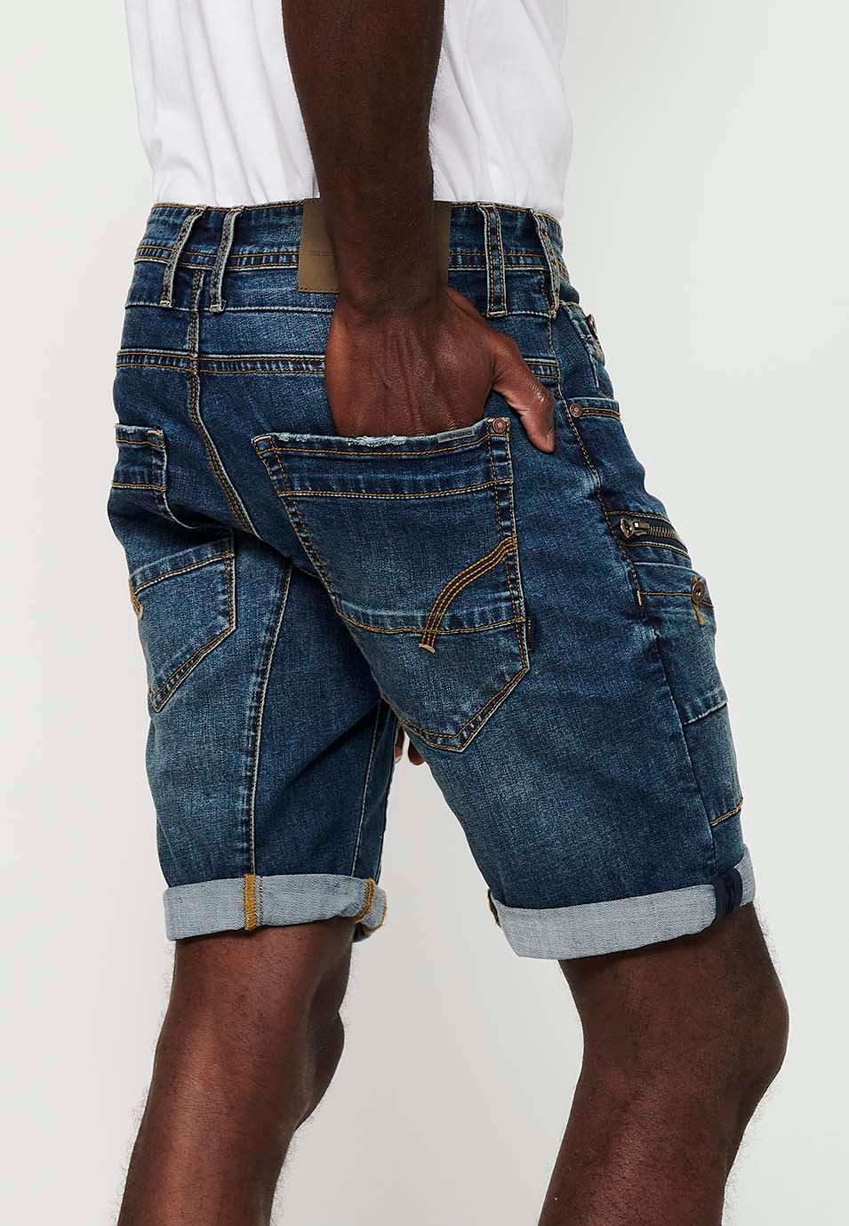 Denim Bermuda Shorts with Turn-Up Finish and Front Zipper and Button Closure with Five Pockets, One Pocket Pocket with Blue Front Details for Men 6
