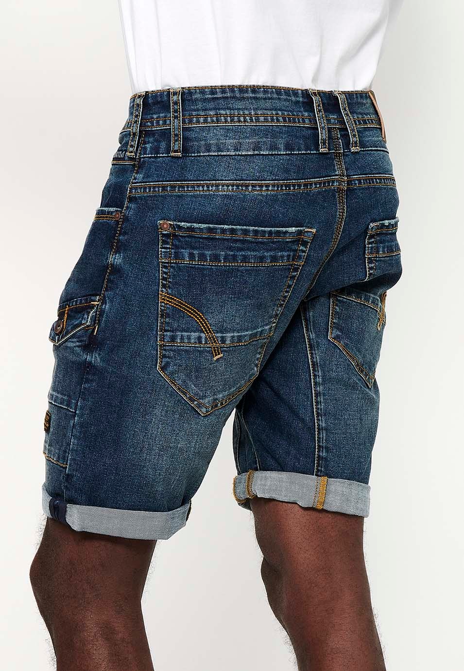 Denim Bermuda Shorts with Turn-Up Finish and Front Zipper and Button Closure with Five Pockets, One Pocket Pocket with Blue Front Details for Men 3
