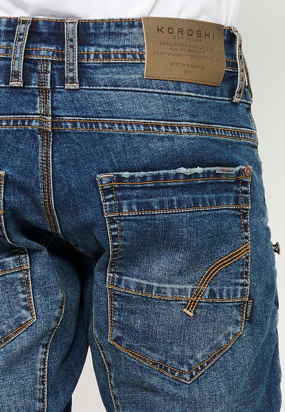 Denim Bermuda Shorts with Turn-Up Finish and Front Zipper and Button Closure with Five Pockets, One Pocket Pocket with Blue Front Details for Men 2
