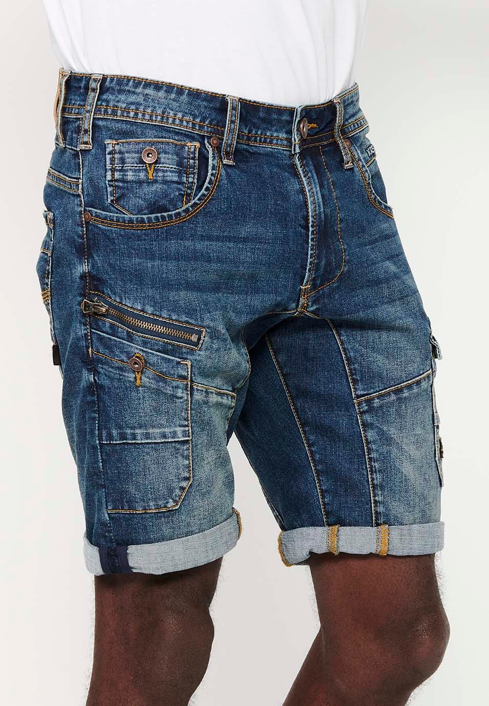 Denim Bermuda Shorts with Turn-Up Finish and Front Zipper and Button Closure with Five Pockets, One Pocket Pocket with Blue Front Details for Men 4