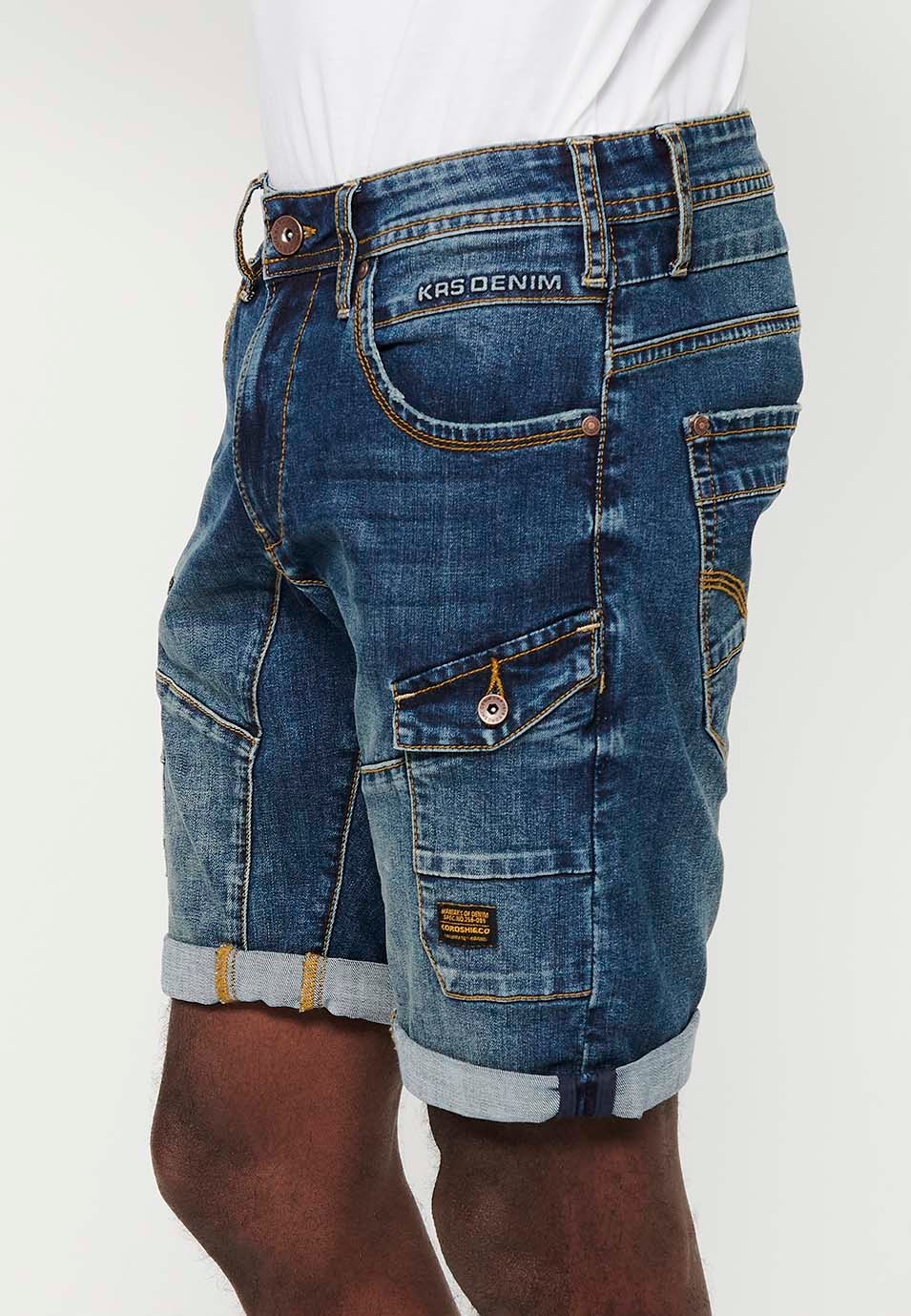 Denim Bermuda Shorts with Turn-Up Finish and Front Zipper and Button Closure with Five Pockets, One Pocket Pocket with Blue Front Details for Men 7