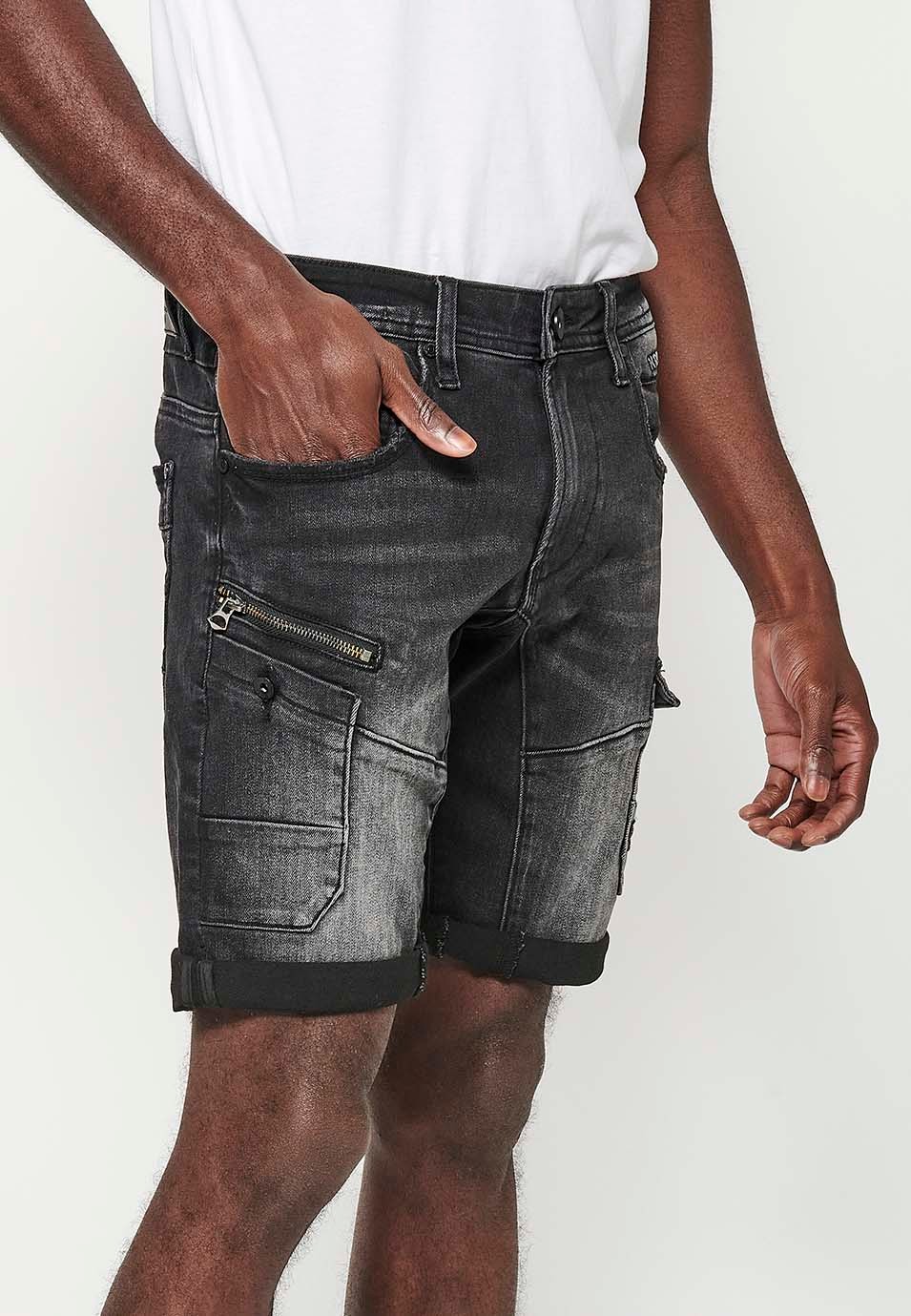 Shorts mit Umschlag und Frontverschluss mit Reißverschluss und Knopf mit fünf Taschen, einer Tasche und Frontdetails in Schwarz für Herren 5