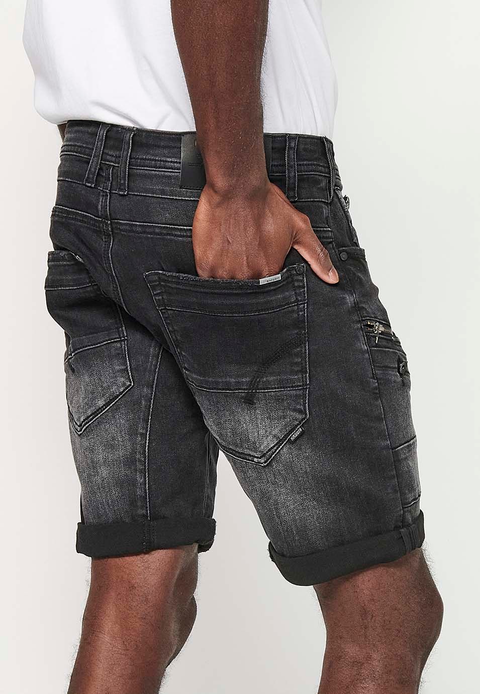 Shorts mit Umschlag und Frontverschluss mit Reißverschluss und Knopf mit fünf Taschen, einer Tasche und Frontdetails in Schwarz für Herren 2