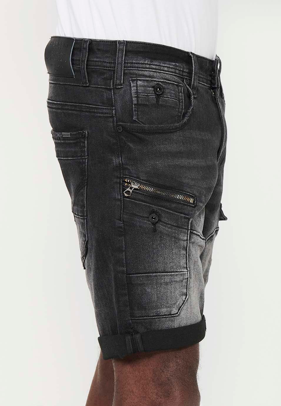 Shorts with Turn-up Finish and Front Closure with Zipper and Button with Five Pockets, One Pocket Pocket and Front Details in Black for Men 7