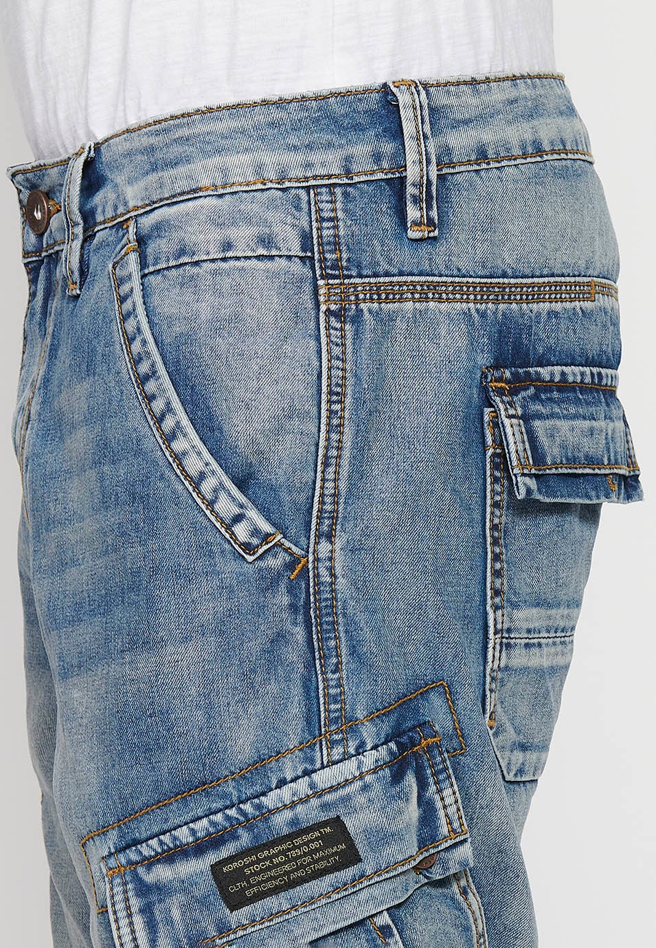 Denim-Bermuda-Cargoshorts mit Reißverschluss vorne und Knopfverschluss mit fünf Taschen, eine blaue Tasche für Herren 6