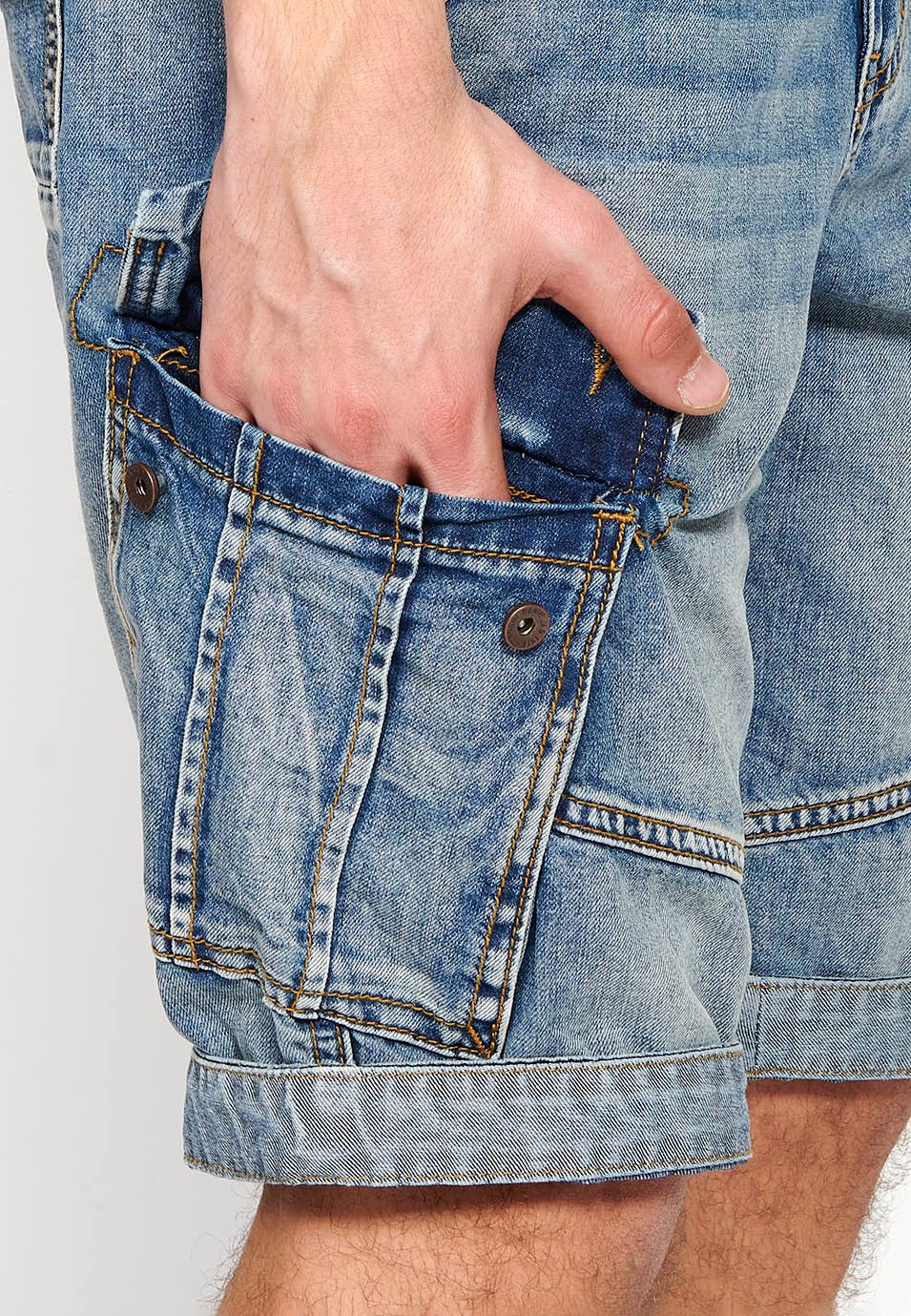 Denim-Bermuda-Cargoshorts mit Reißverschluss vorne und Knopfverschluss mit fünf Taschen, eine blaue Tasche für Herren 5