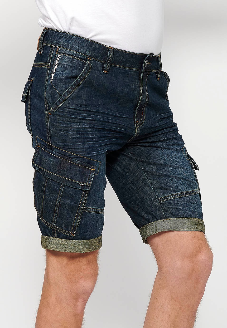 Blue Denim Bermuda Shorts with Side Cargo Pockets and Front Closure with Zipper and Button for Men 2