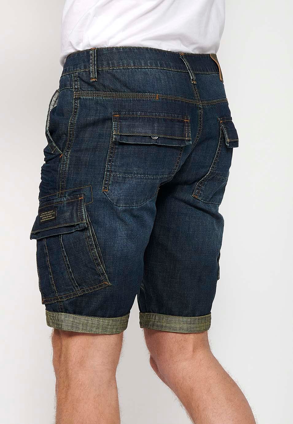 Blue Denim Bermuda Shorts with Side Cargo Pockets and Front Closure with Zipper and Button for Men 9