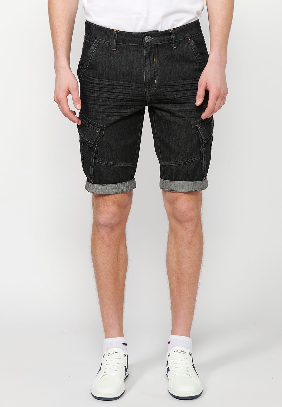 Denim Bermuda Shorts with Turn-Up Finish and Front Zipper and Button Closure with Pockets, One Ticket Pocket and Two Side Pockets in Black for Men 1