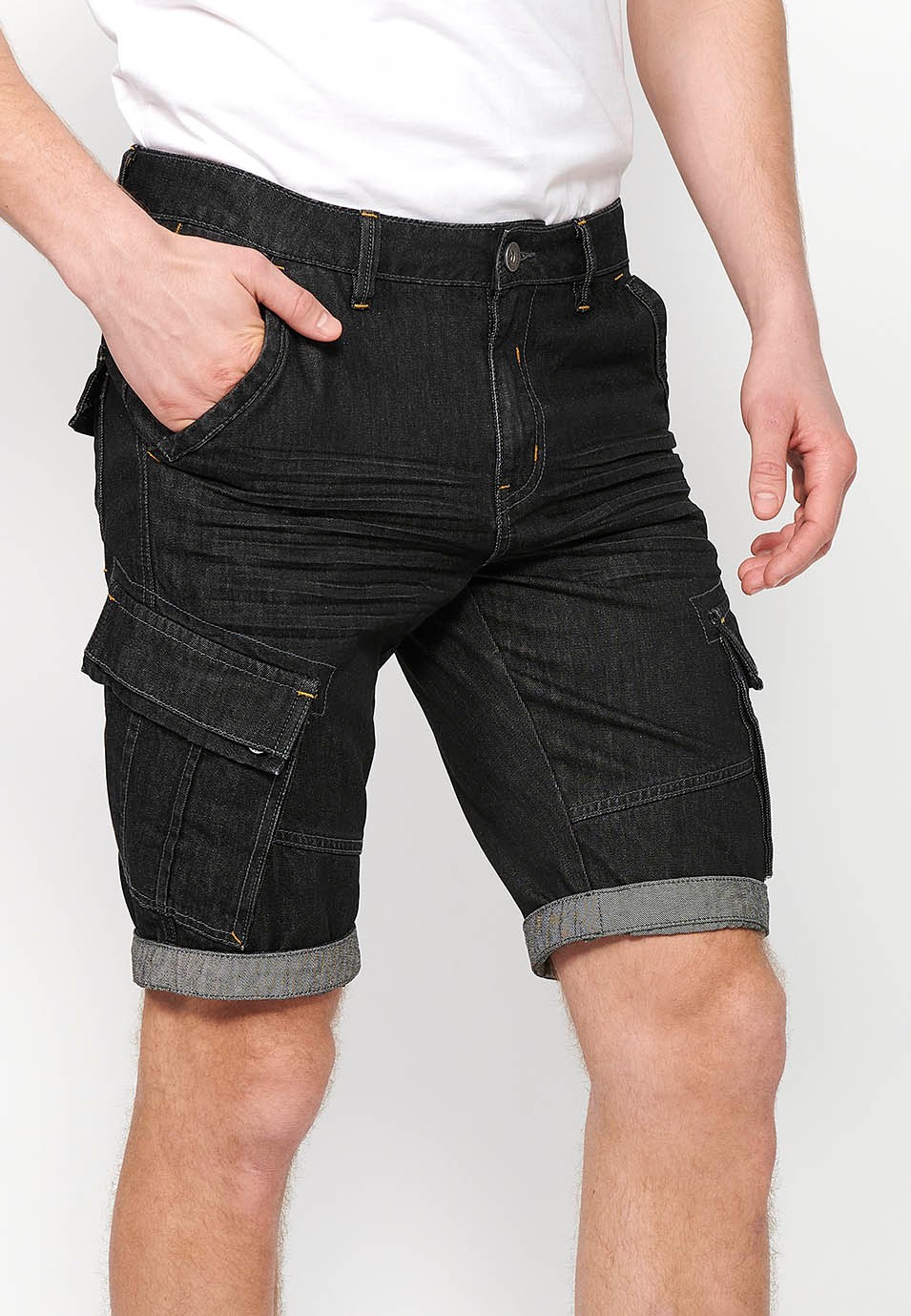 Denim Bermuda Shorts with Turn-Up Finish and Front Zipper and Button Closure with Pockets, One Ticket Pocket and Two Side Pockets in Black for Men 2