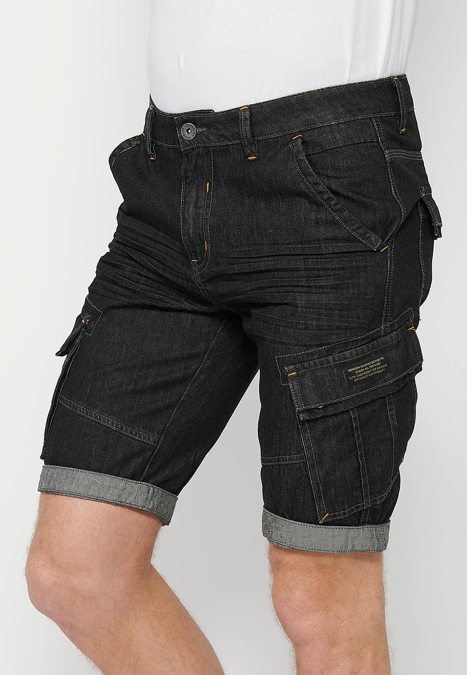 Denim Bermuda Shorts with Turn-Up Finish and Front Zipper and Button Closure with Pockets, One Ticket Pocket and Two Side Pockets in Black for Men 5