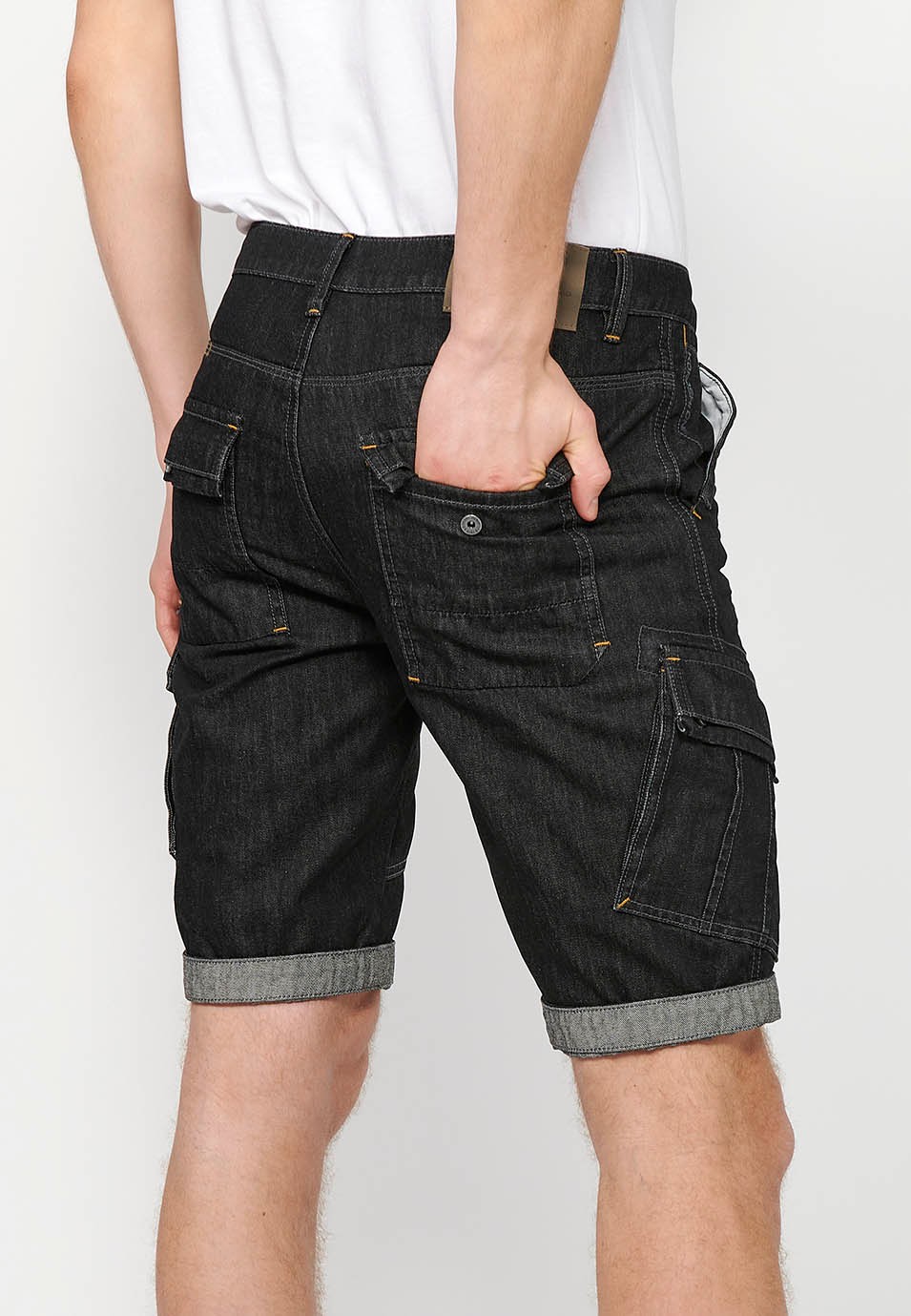 Denim Bermuda Shorts with Turn-Up Finish and Front Zipper and Button Closure with Pockets, One Ticket Pocket and Two Side Pockets in Black for Men 4
