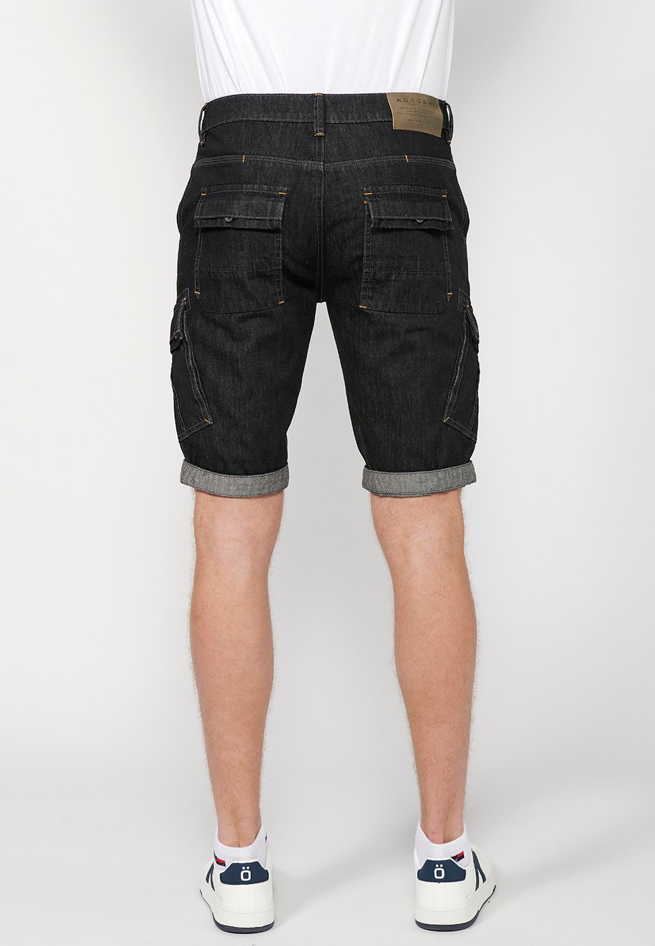 Denim Bermuda Shorts with Turn-Up Finish and Front Zipper and Button Closure with Pockets, One Ticket Pocket and Two Side Pockets in Black for Men 3