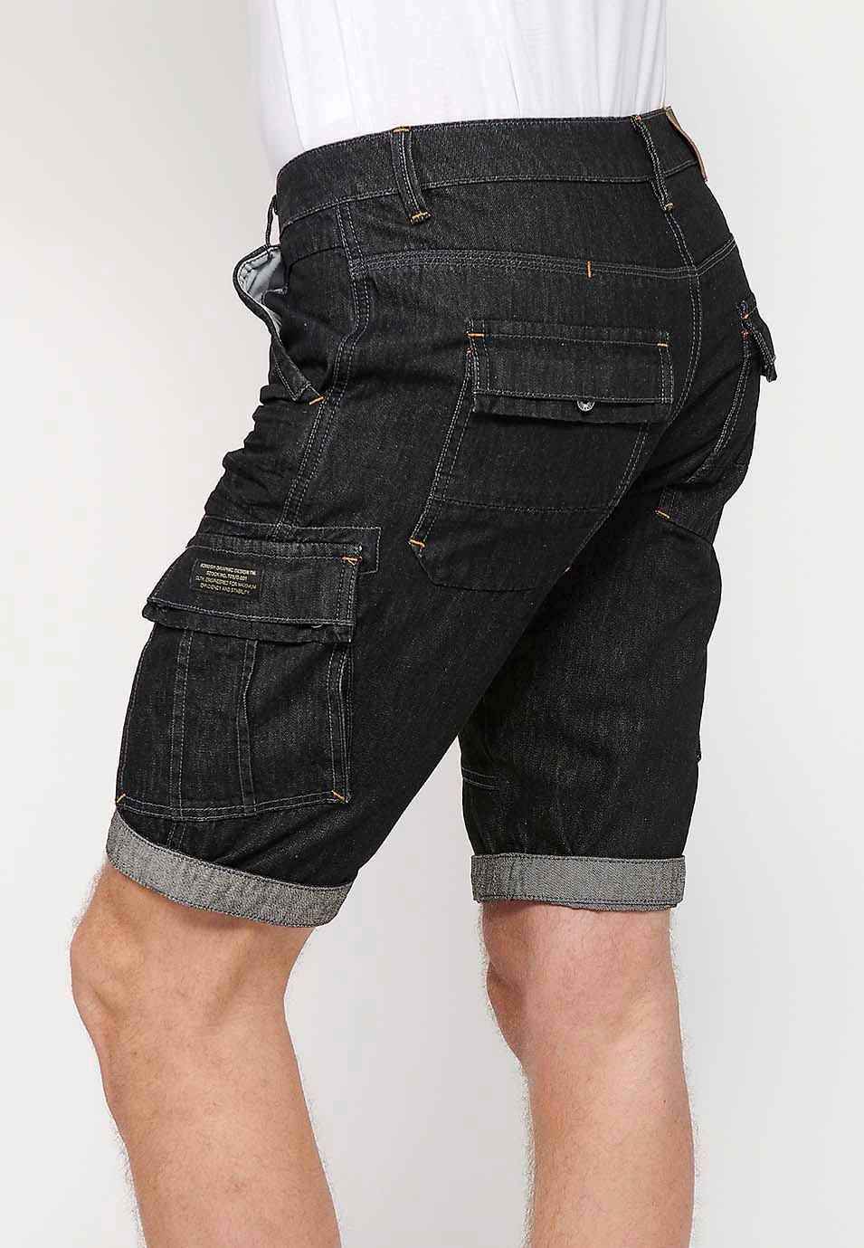Denim Bermuda Shorts with Turn-Up Finish and Front Zipper and Button Closure with Pockets, One Ticket Pocket and Two Side Pockets in Black for Men 9