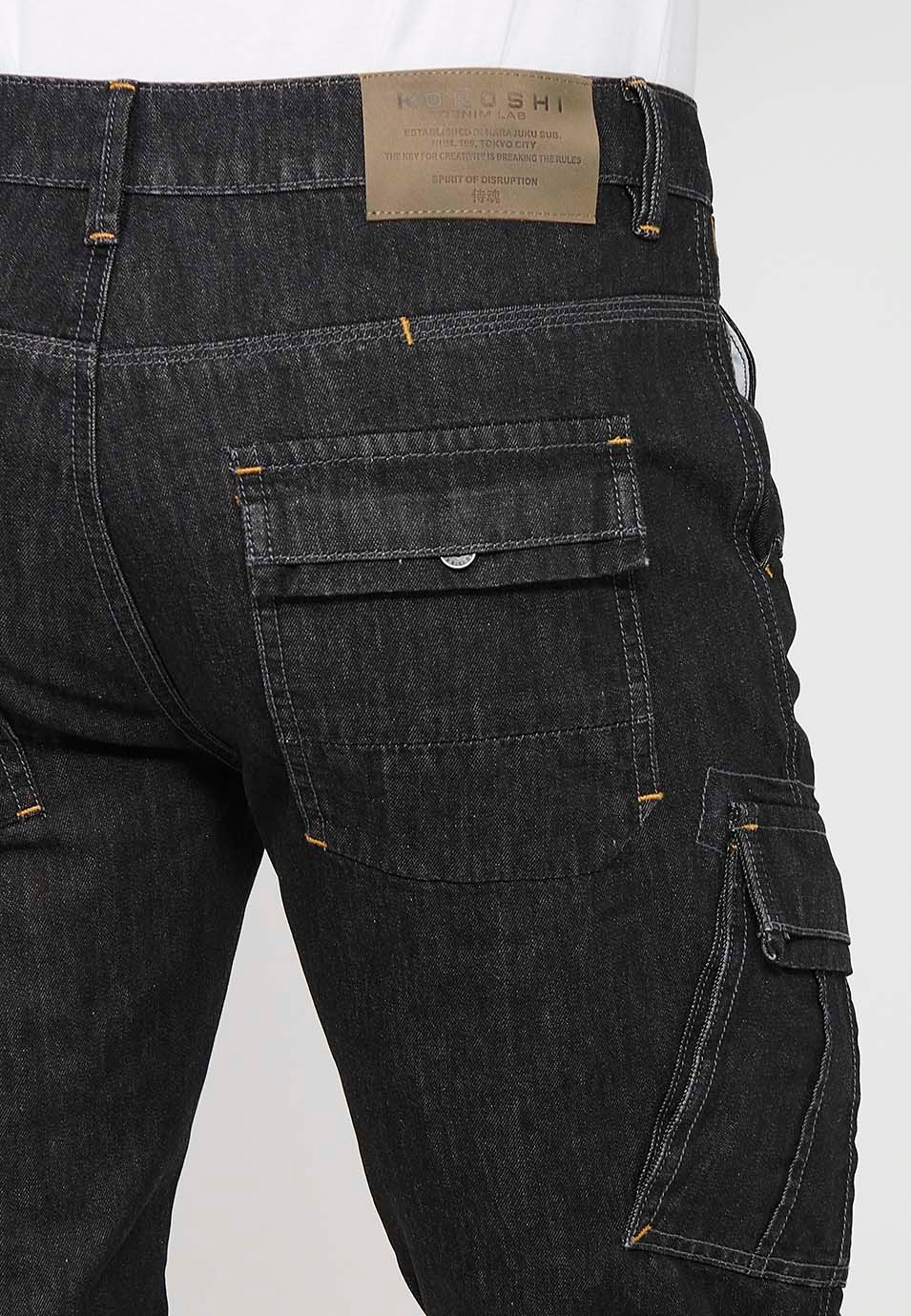 Denim Bermuda Shorts with Turn-Up Finish and Front Zipper and Button Closure with Pockets, One Ticket Pocket and Two Side Pockets in Black for Men 6