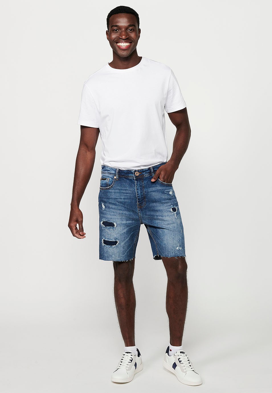 Comfort Fit Denim Bermuda shorts, broken details, blue color for men