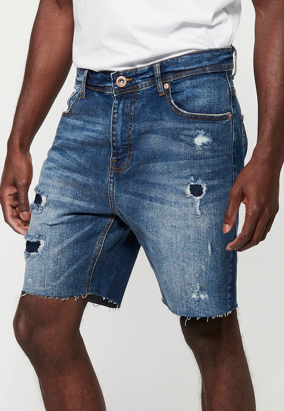 Comfort Fit Denim Bermuda shorts, broken details, blue color for men