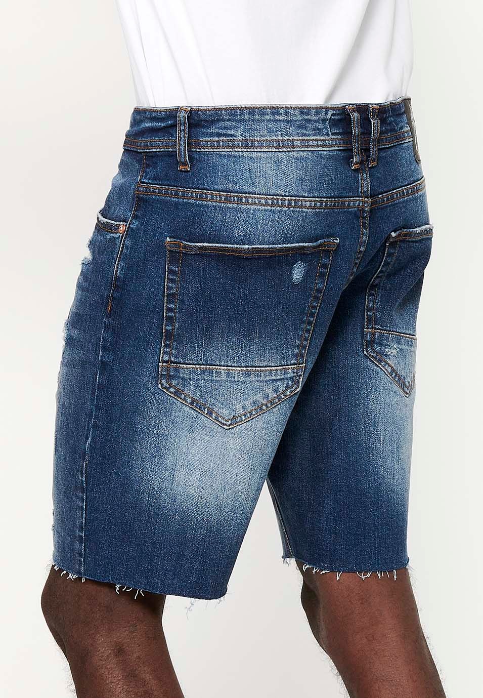 Comfort Fit Denim Bermuda shorts, broken details, blue color for men