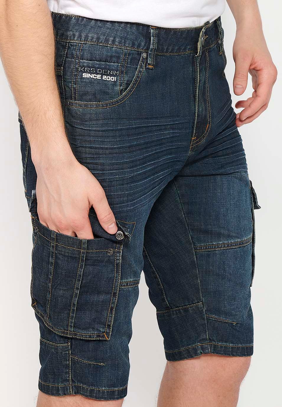 Bermuda Pirate en Denim de Coton avec Poches Latérales et Fermeture Avant avec Fermeture Éclair et Bouton en Bleu pour Homme 10