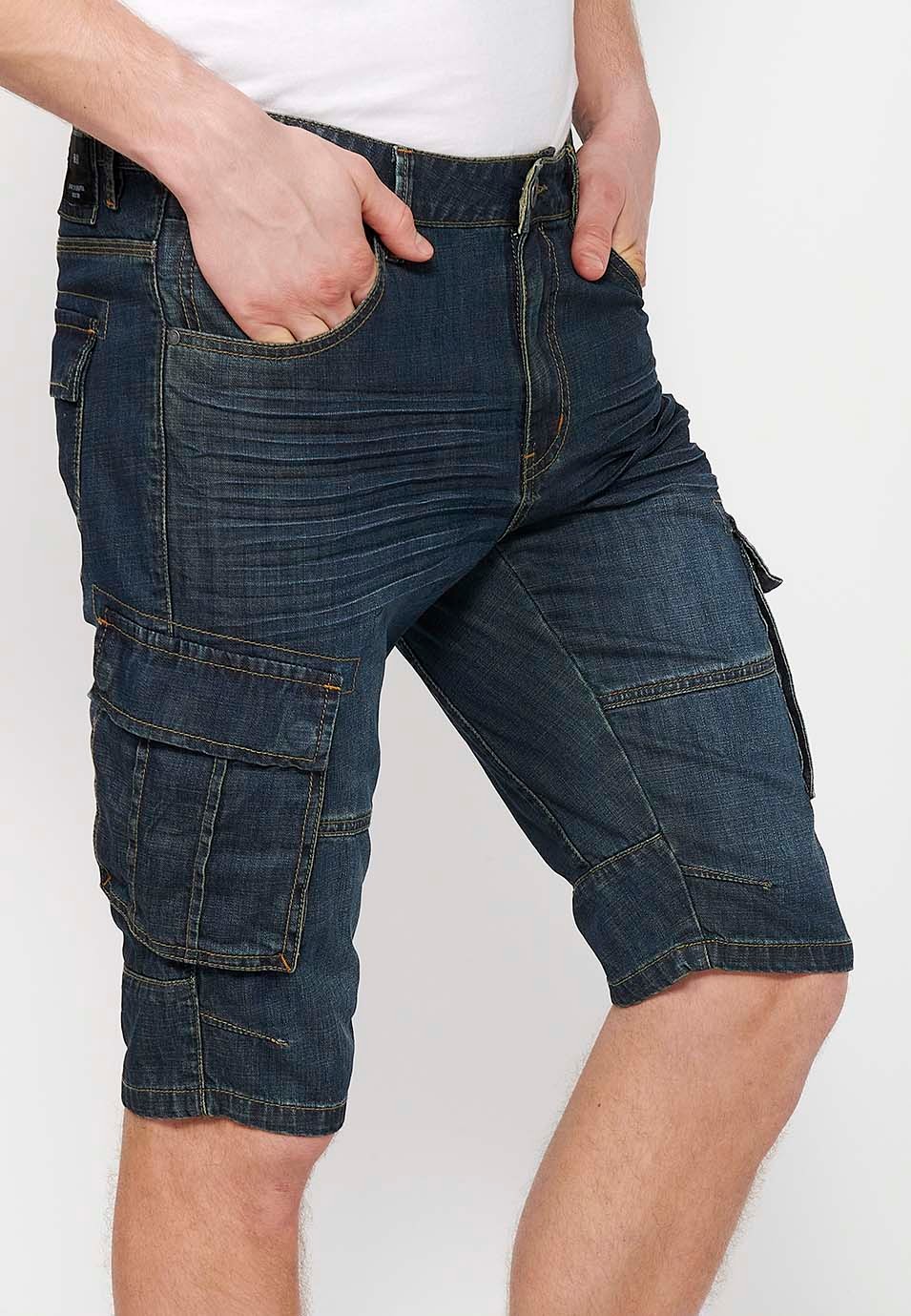 Baumwoll-Piraten-Denim-Bermudashorts mit Seitentaschen und Frontverschluss mit Reißverschluss und Knopf in Blau für Herren 4