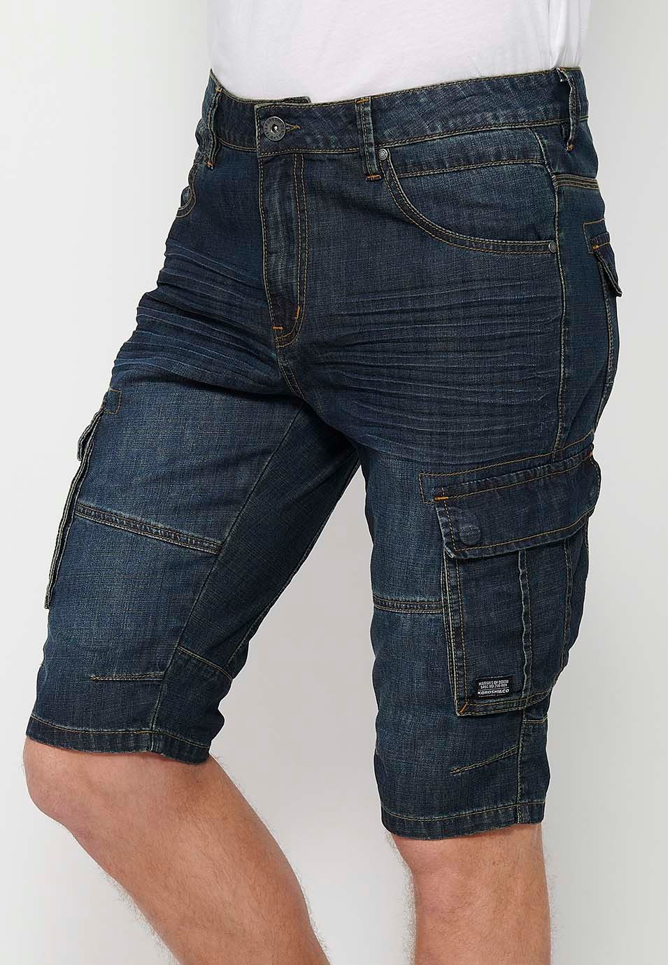 Bermuda Pirate en Denim de Coton avec Poches Latérales et Fermeture Avant avec Fermeture Éclair et Bouton en Bleu pour Homme 2