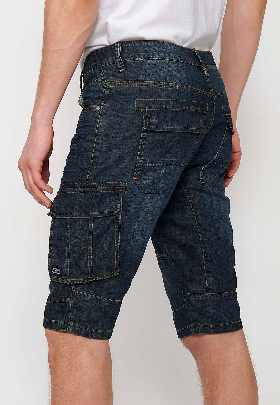 Baumwoll-Piraten-Denim-Bermudashorts mit Seitentaschen und Frontverschluss mit Reißverschluss und Knopf in Blau für Herren 6