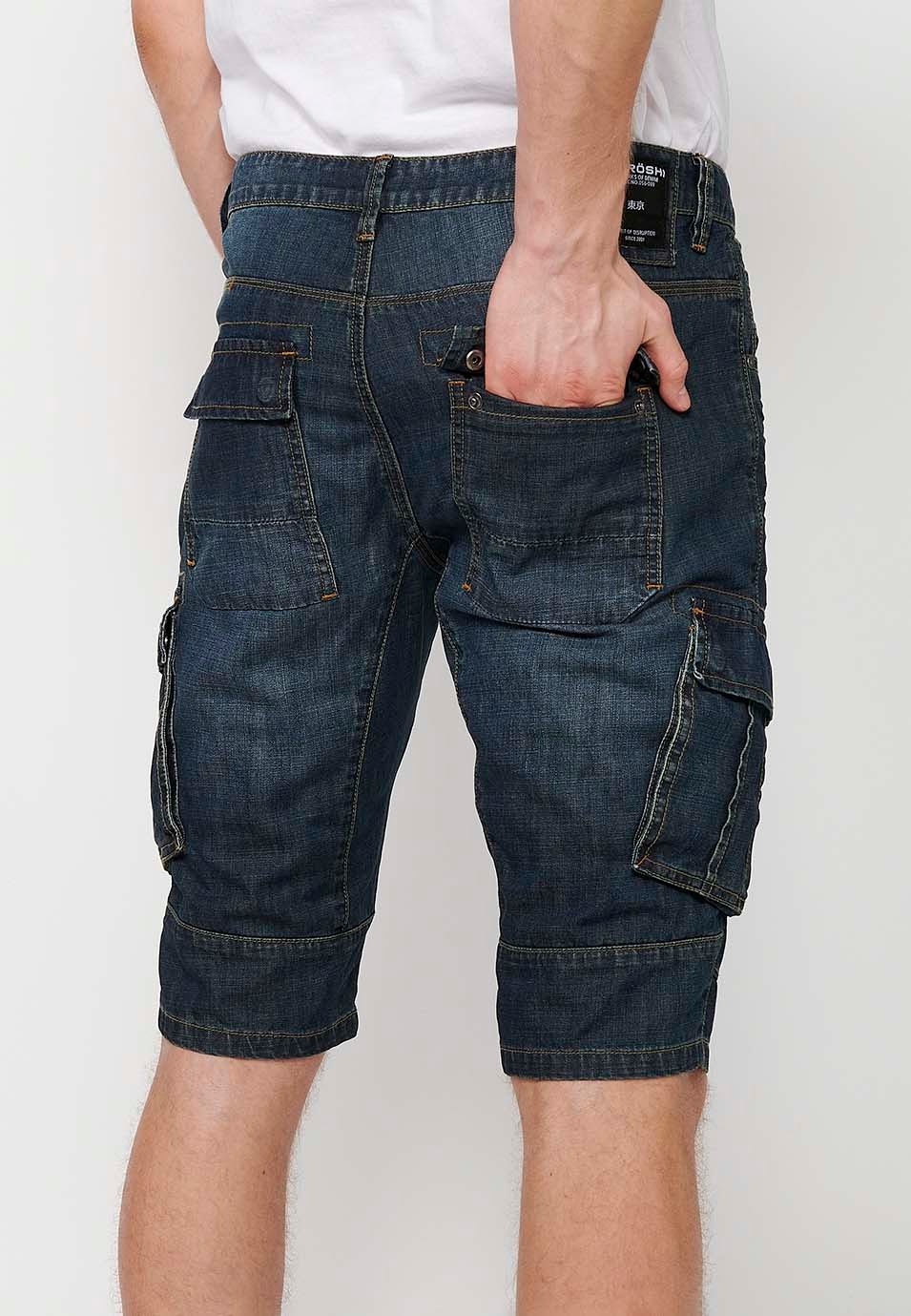 Baumwoll-Piraten-Denim-Bermudashorts mit Seitentaschen und Frontverschluss mit Reißverschluss und Knopf in Blau für Herren 5