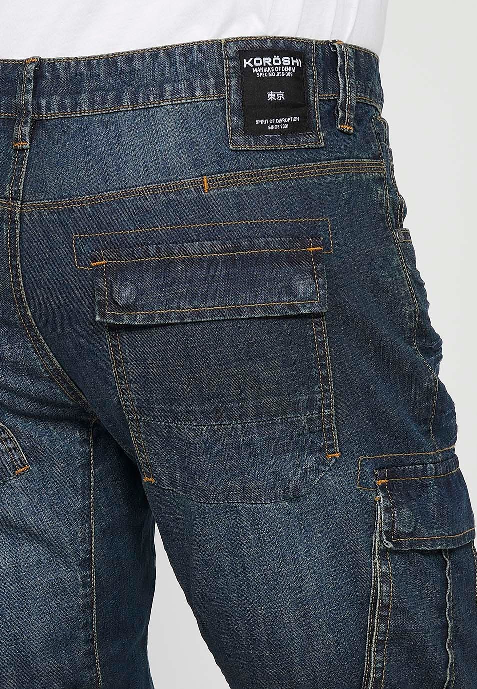 Baumwoll-Piraten-Denim-Bermudashorts mit Seitentaschen und Frontverschluss mit Reißverschluss und Knopf in Blau für Herren 7