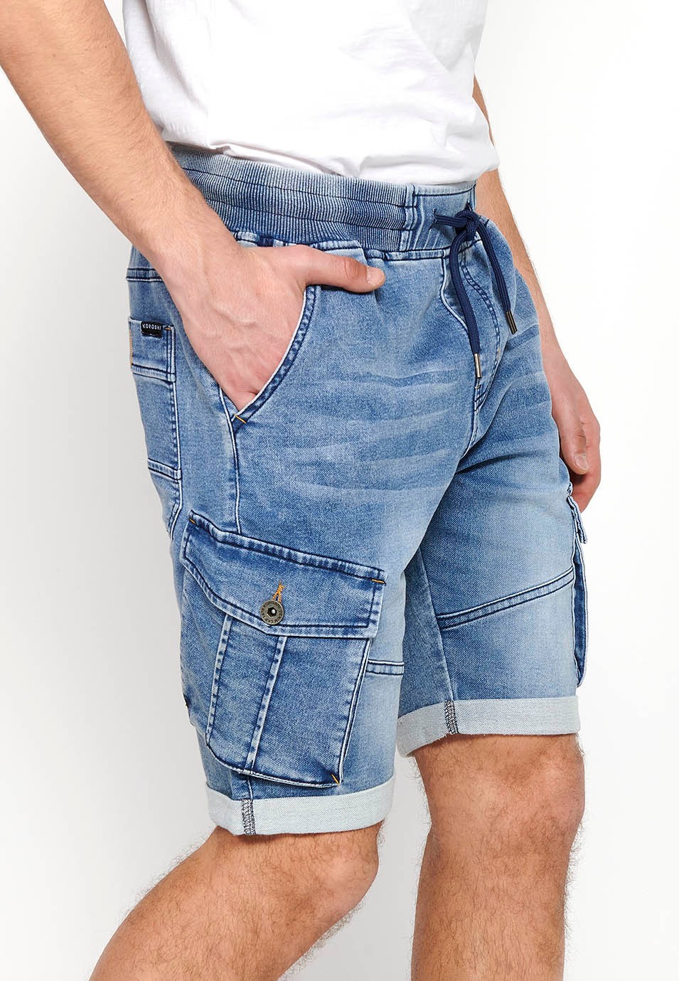 Denim Bermuda cargo jogger shorts with cuffed finish, Adjustable waist with elastic and drawstring, Side pockets with flap, Blue Color for Men 3