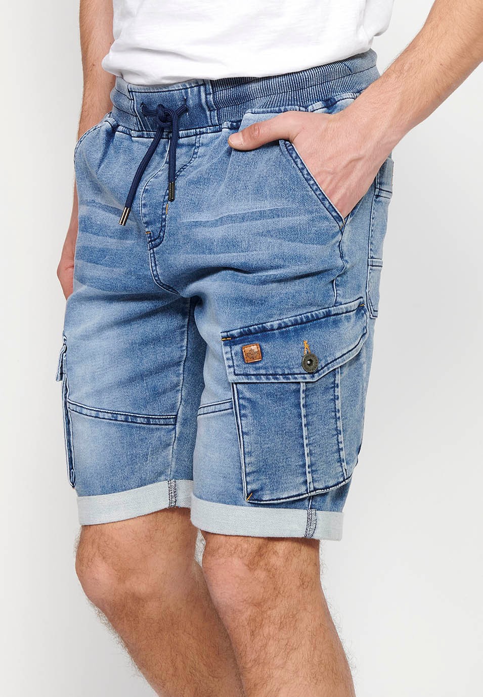 Denim Bermuda cargo jogger shorts with cuffed finish, Adjustable waist with elastic and drawstring, Side pockets with flap, Blue Color for Men 6