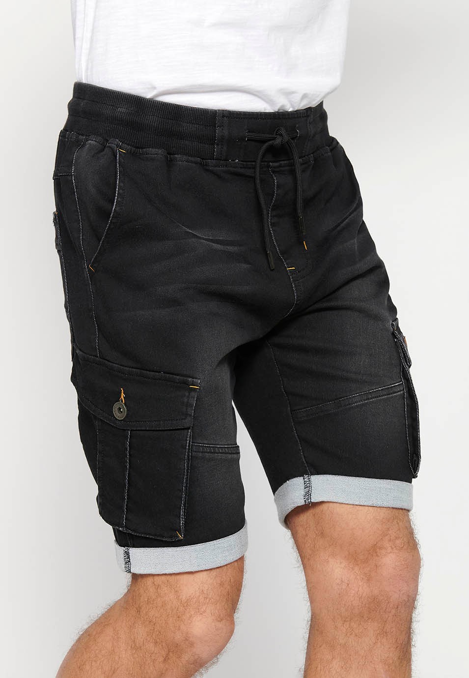 Denim Bermuda cargo jogger shorts finished with a turn-up, Adjustable waist with elastic and drawstring, Side pockets with flap, Black for Men 4