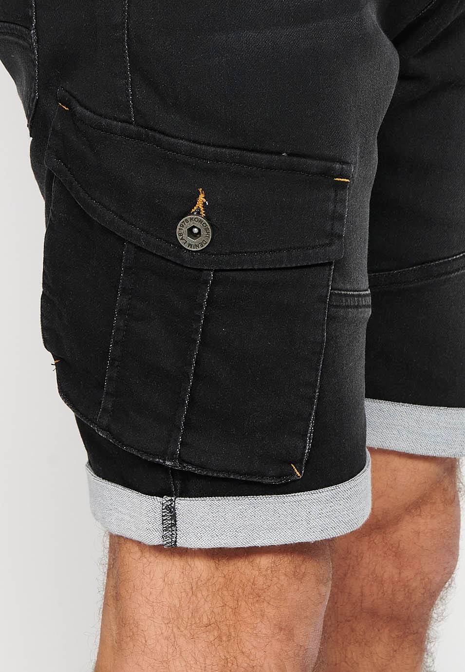 Denim Bermuda cargo jogger shorts finished with a turn-up, Adjustable waist with elastic and drawstring, Side pockets with flap, Black for Men 6