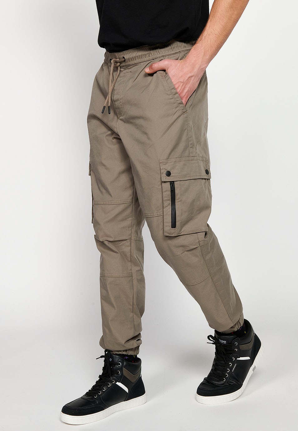 Beige Cargo Jogger Pants with Rubberized Waist with Drawstring and Pockets, Two Sides with Flap for Men