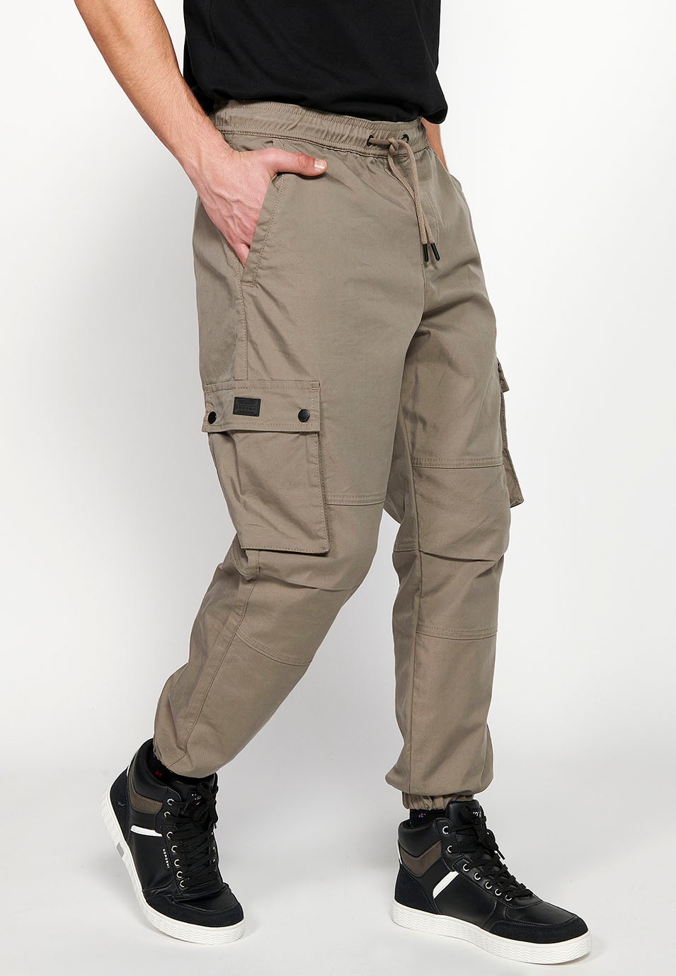 Beige Cargo Jogger Pants with Rubberized Waist with Drawstring and Pockets, Two Sides with Flap for Men