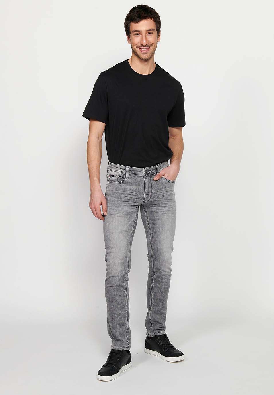 Slim fit denim jeans long trousers with five pockets, one pocket in Gray Denim for Men
