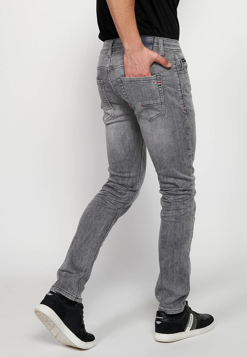 Slim fit denim jeans long trousers with five pockets, one pocket in Gray Denim for Men