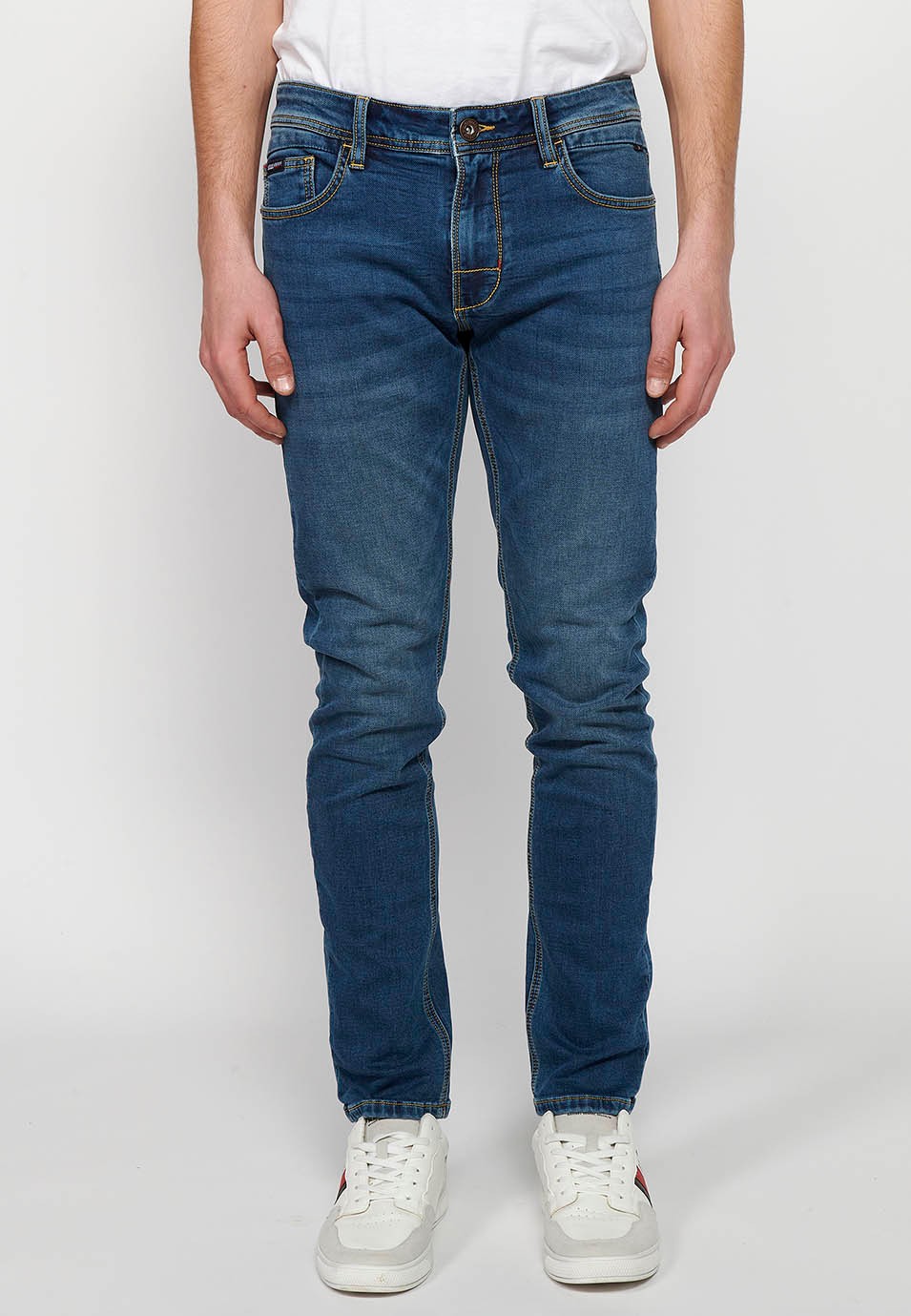 Pantalon long en jean coupe slim avec cinq poches, une poche match, Bleu pour Homme