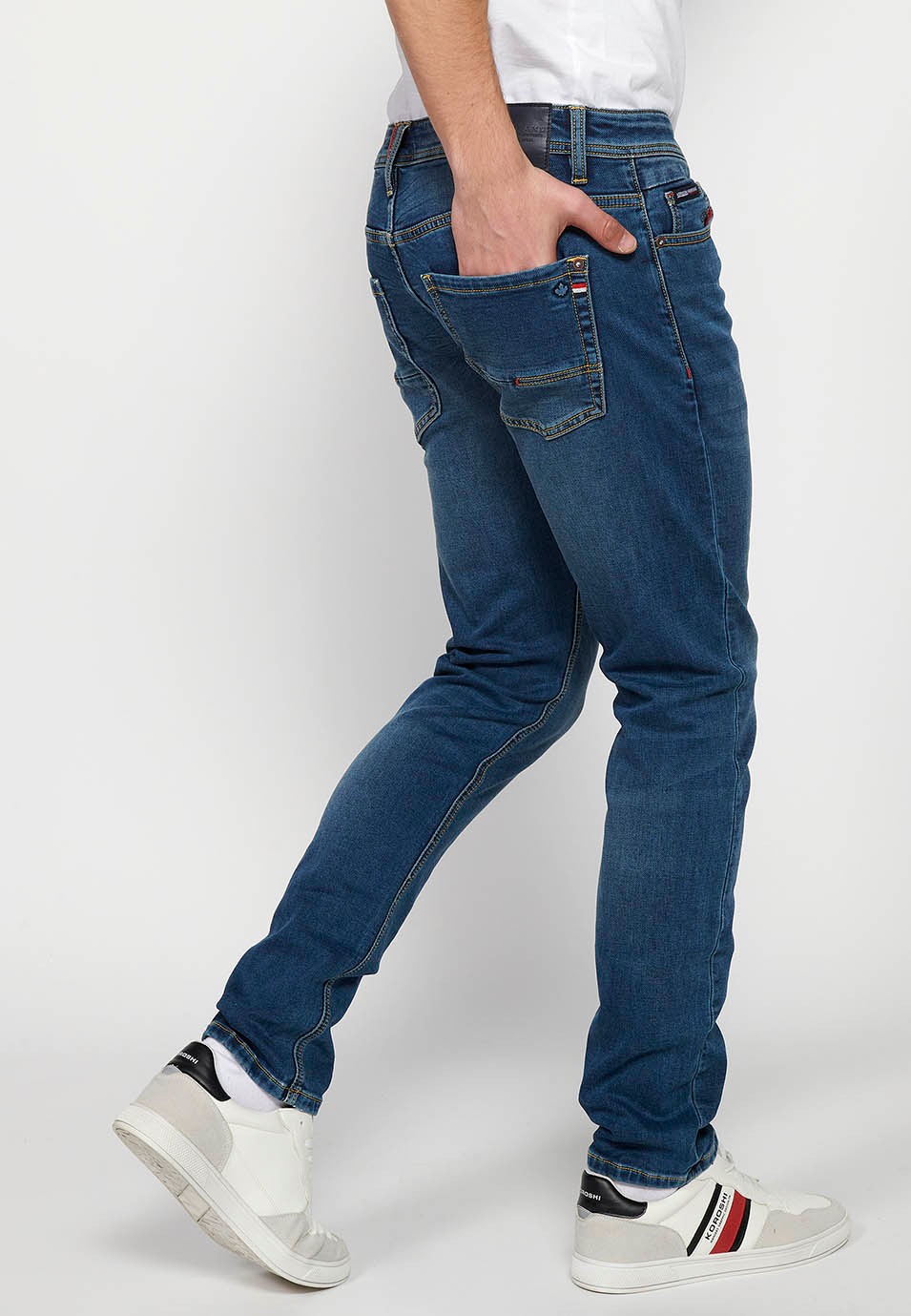 Long slim fit denim pants with five pockets, one match pocket, Blue for Men 7