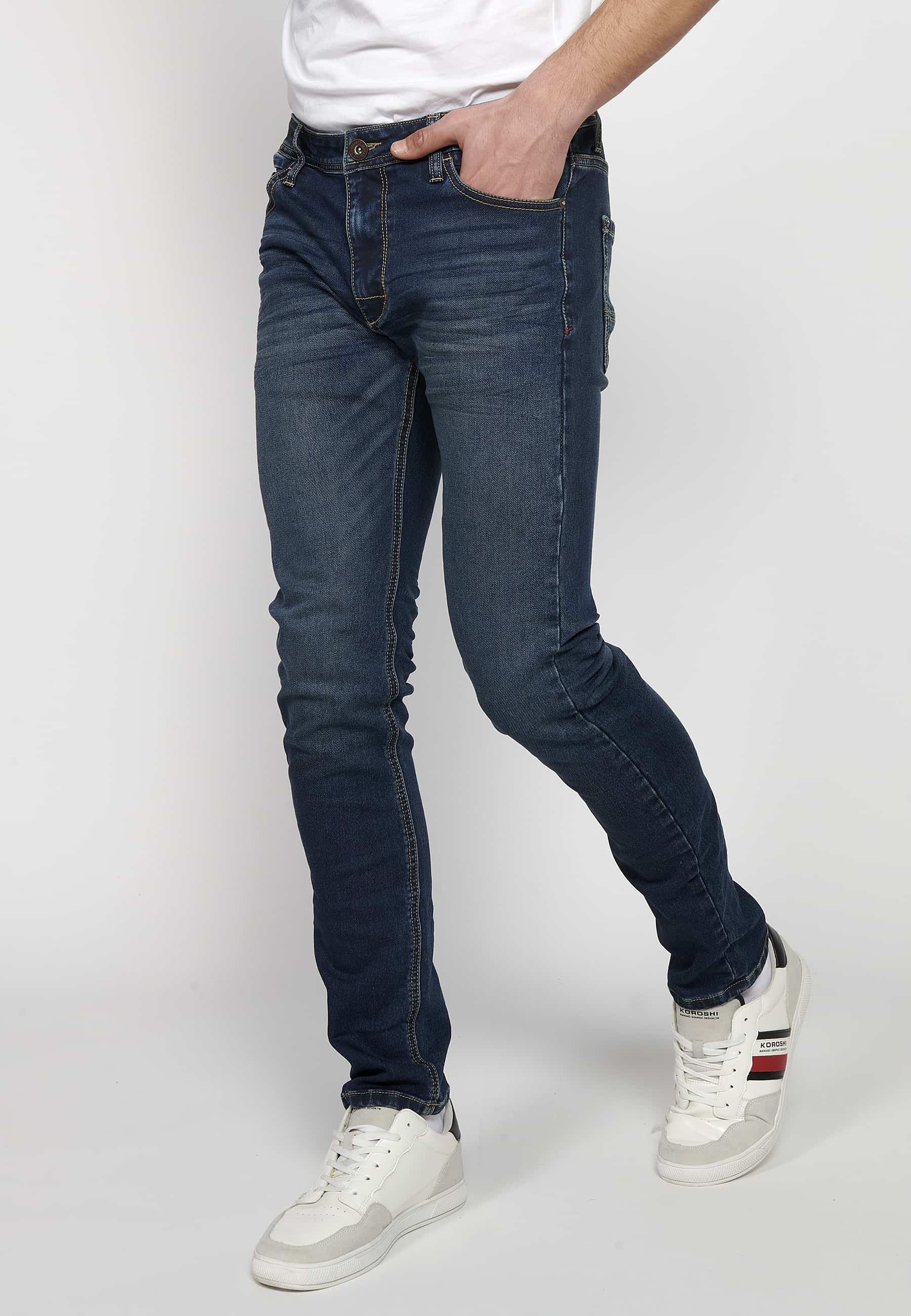 Slim fit long jeans with front zipper and button closure with five pockets, one blue pocket pocket for Men 1