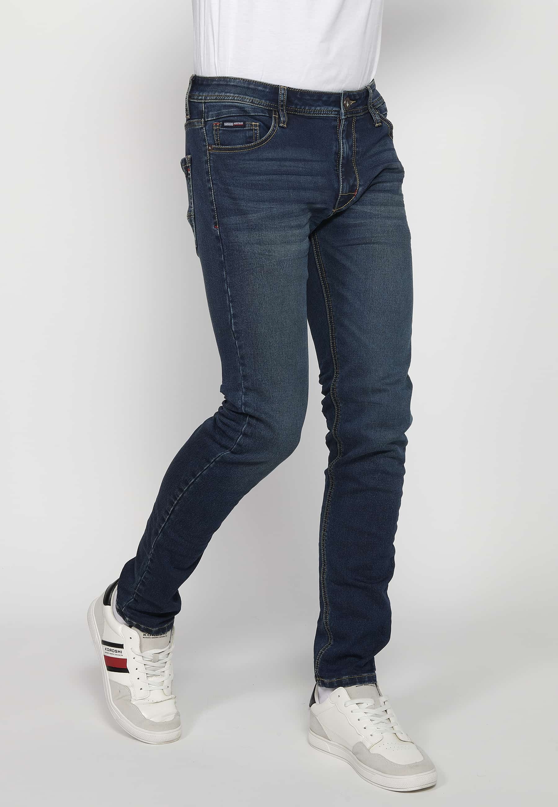 Slim fit long jeans with front zipper and button closure with five pockets, one blue pocket pocket for Men 3