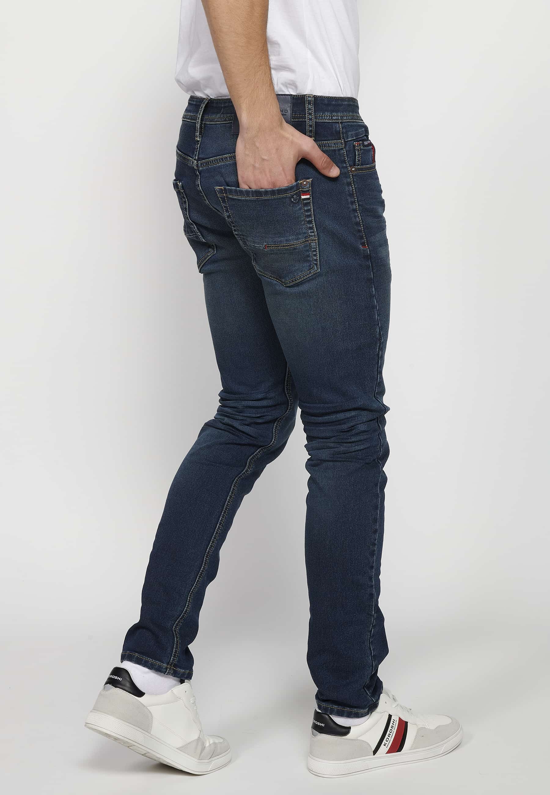 Slim fit long jeans with front zipper and button closure with five pockets, one blue pocket pocket for Men 5