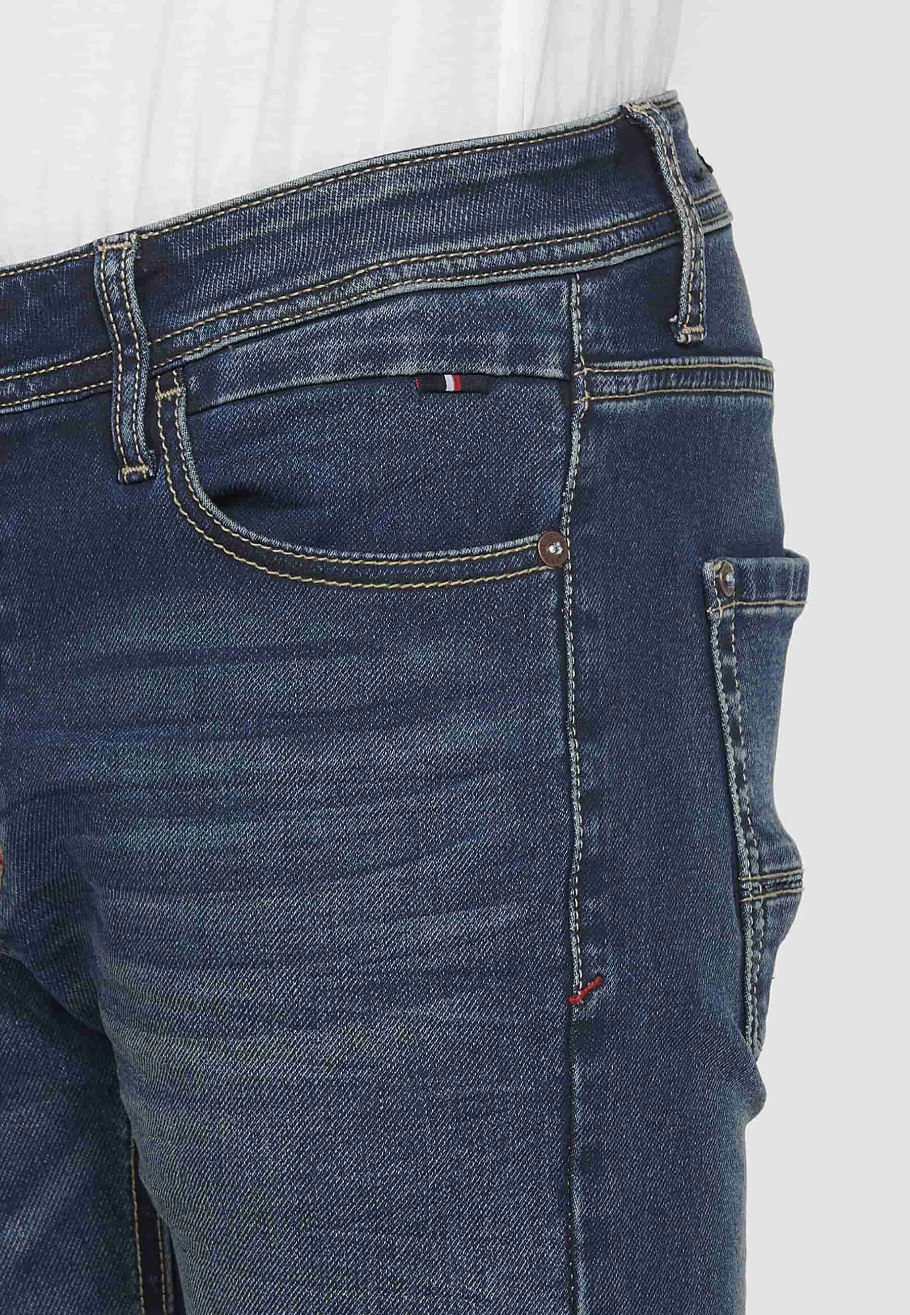 Slim fit long jeans with front zipper and button closure with five pockets, one blue pocket pocket for Men 9
