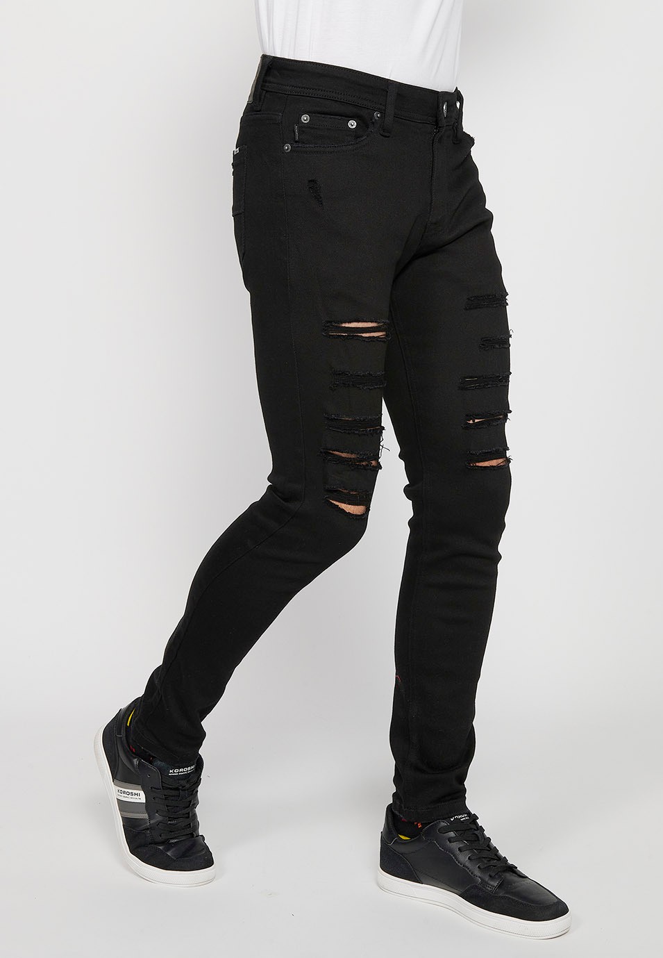 Lange, schmale Super-Skinny-Jeans mit Frontverschluss mit Reißverschluss und Knopf in schwarzer Denim-Farbe für Herren 2