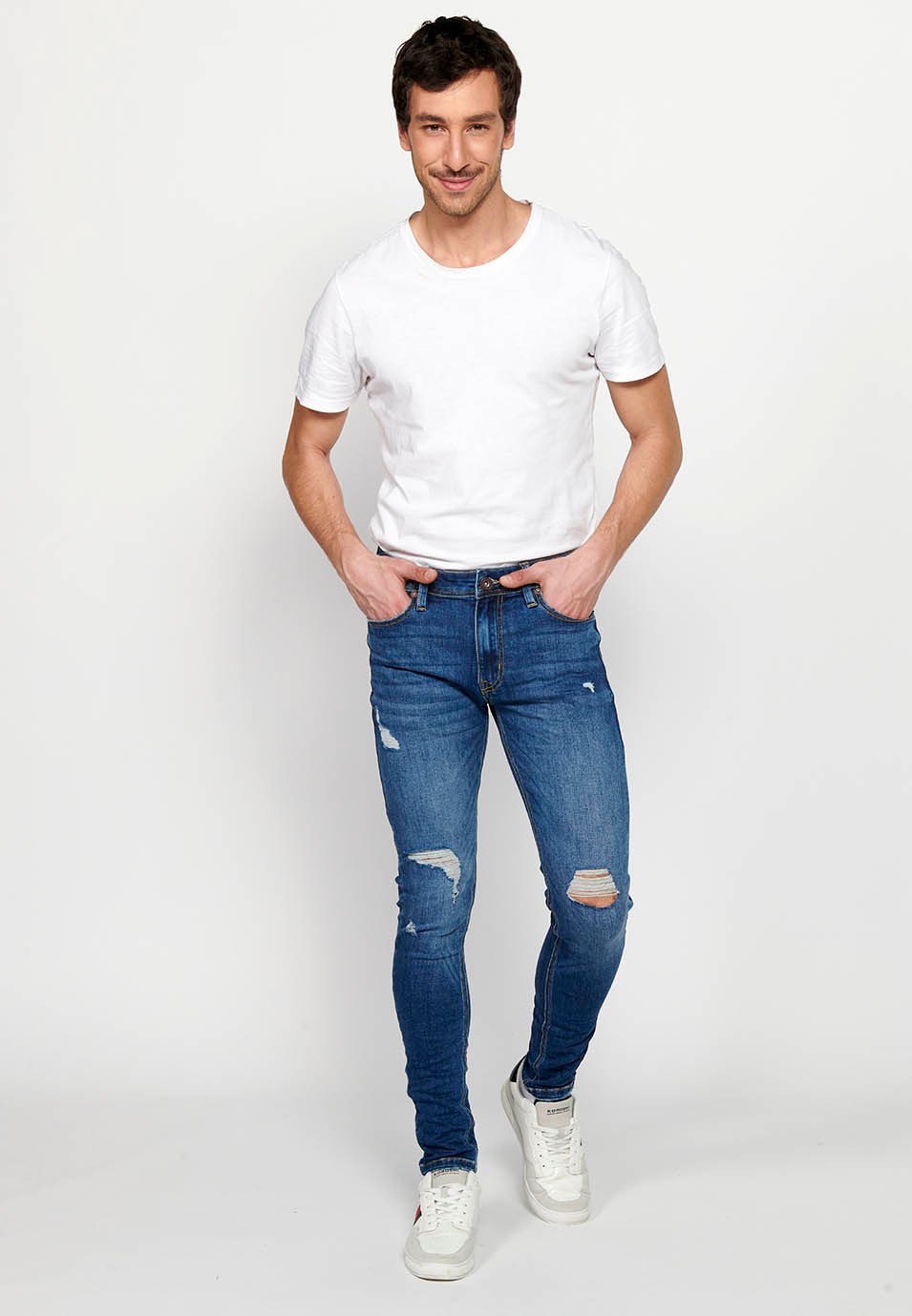 Pantalón largo jeans super skinny con Cierre delantero con cremallera y botón Color Azul para Hombre