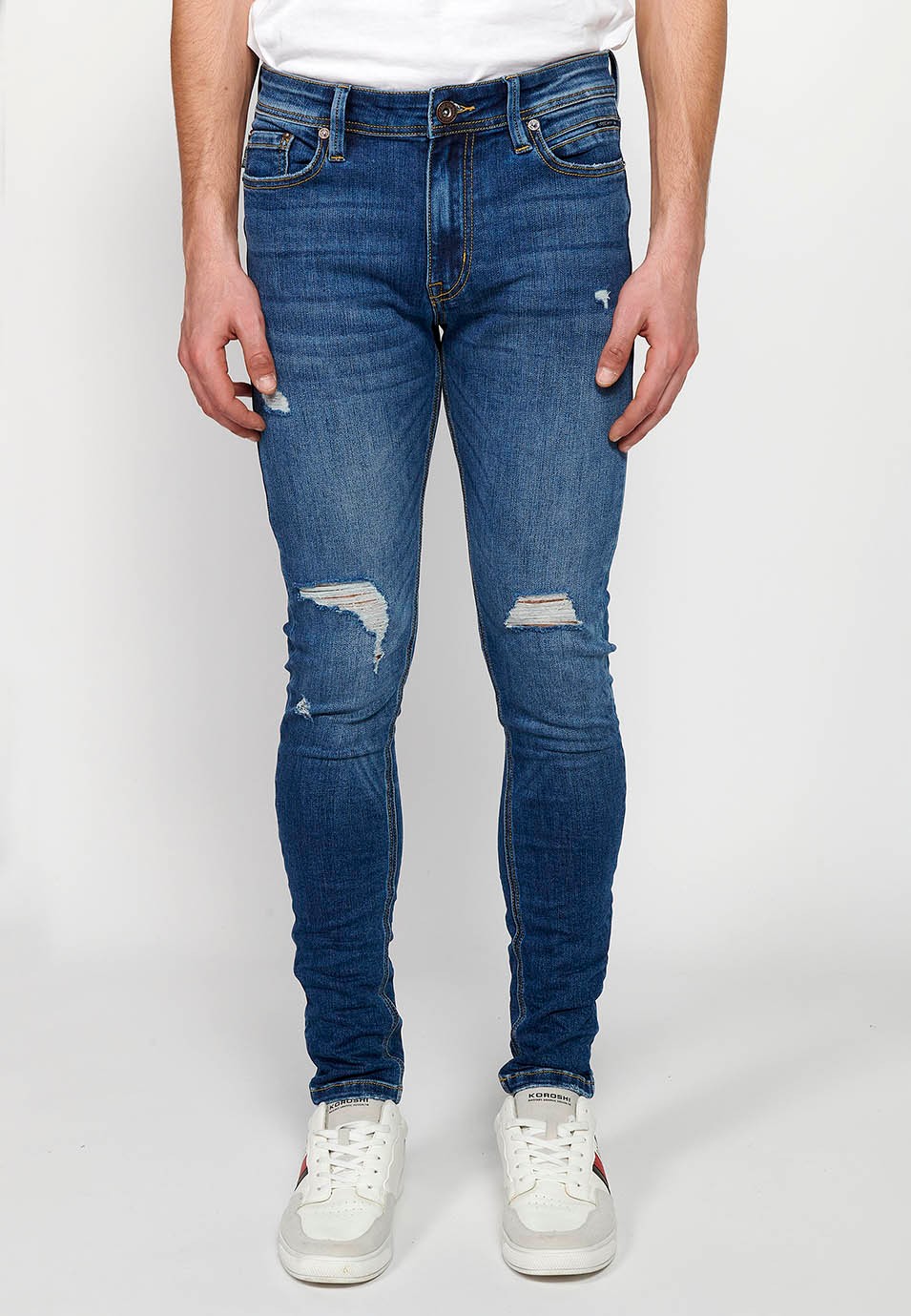 Superdünne, lange Jeans mit Frontverschluss mit Reißverschluss und Knopf in Blau für Herren 3