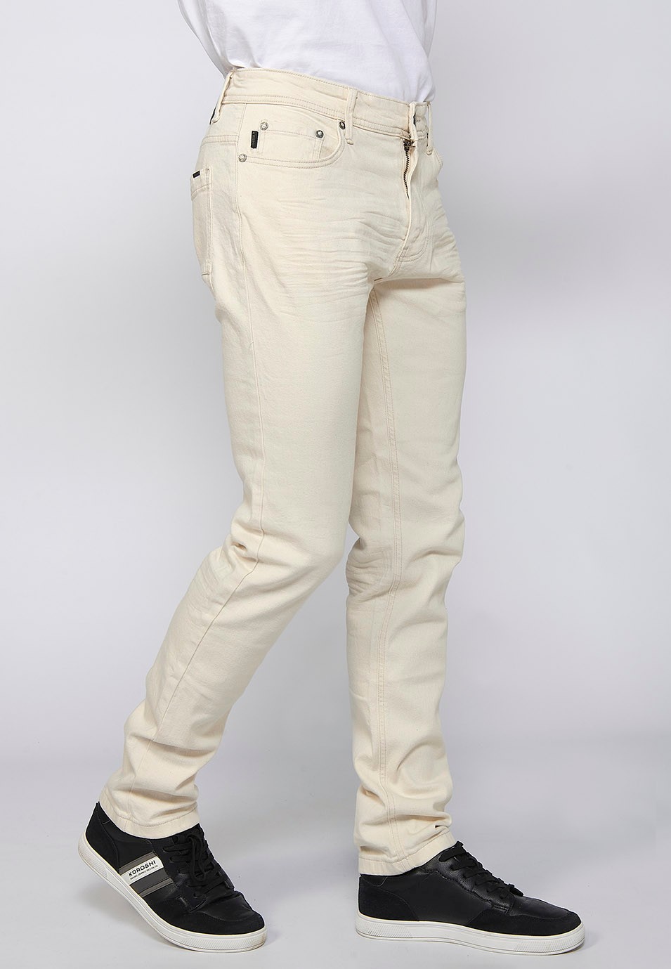 Long straight regular fit pants with front zipper closure and ecru button for Men 4