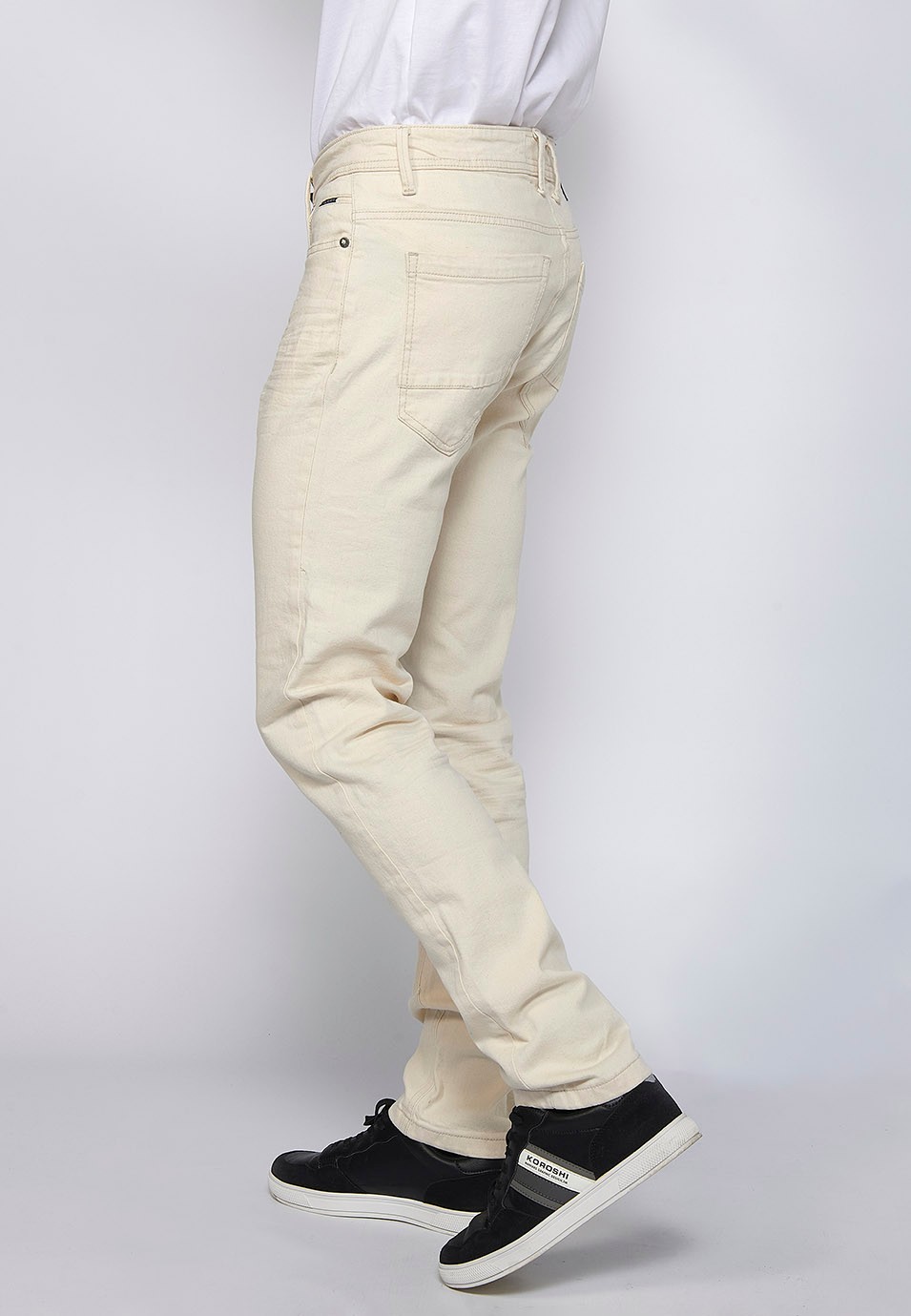 Long straight regular fit pants with front zipper closure and ecru button for Men 6
