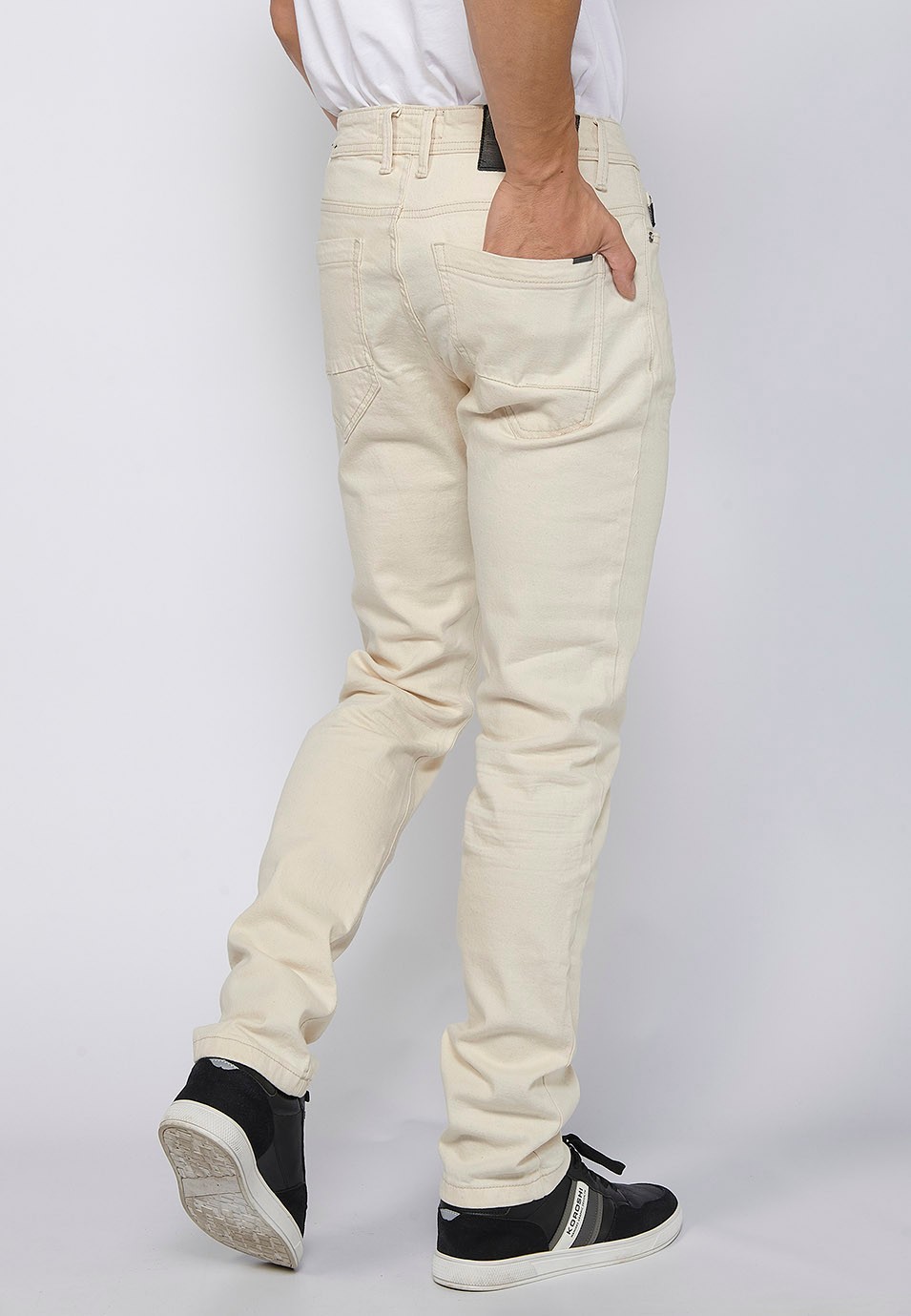 Long straight regular fit pants with front zipper closure and ecru button for Men 5
