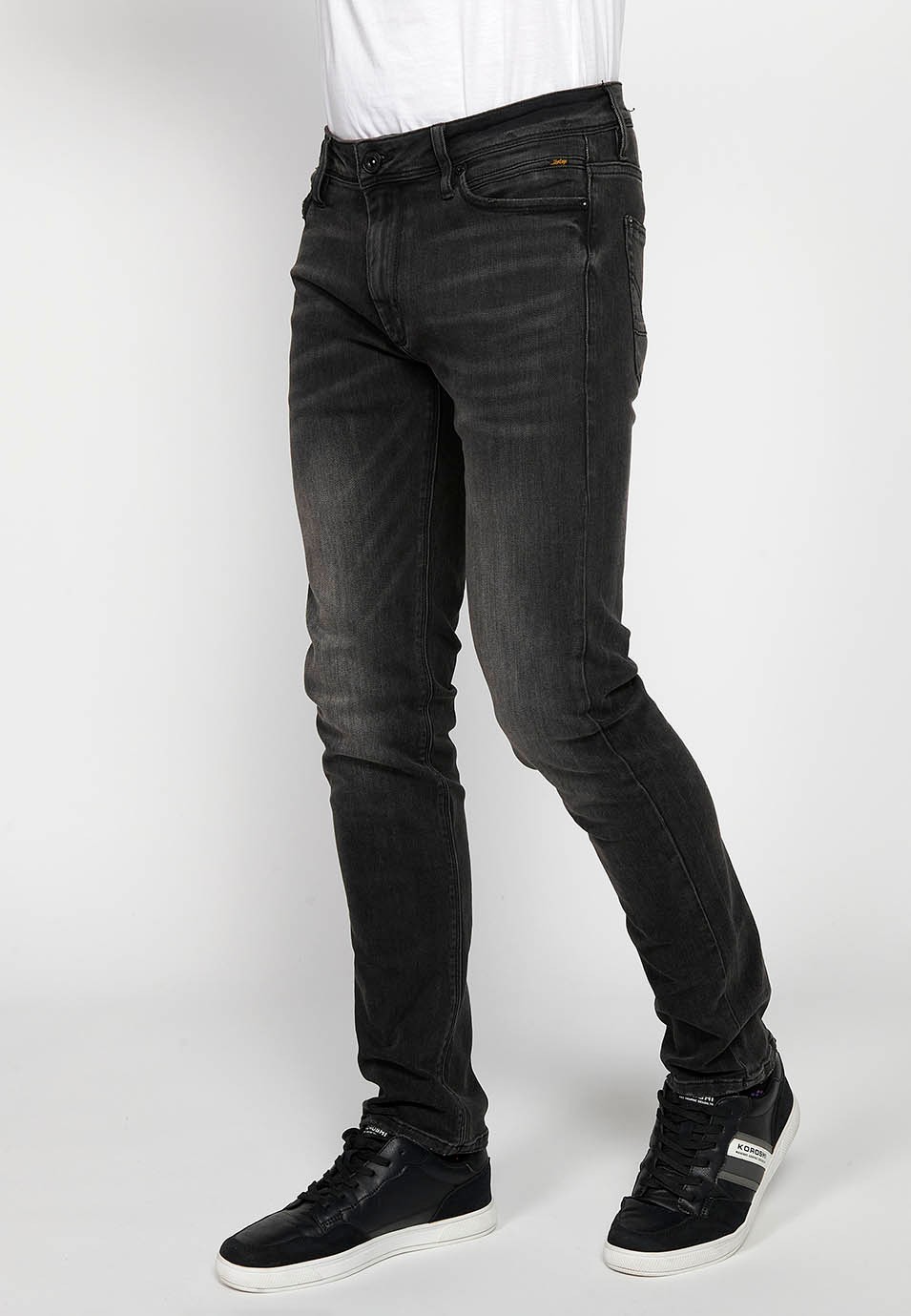 Regular fit long straight jeans with zipper and button front closure in Black Denim for Men 3