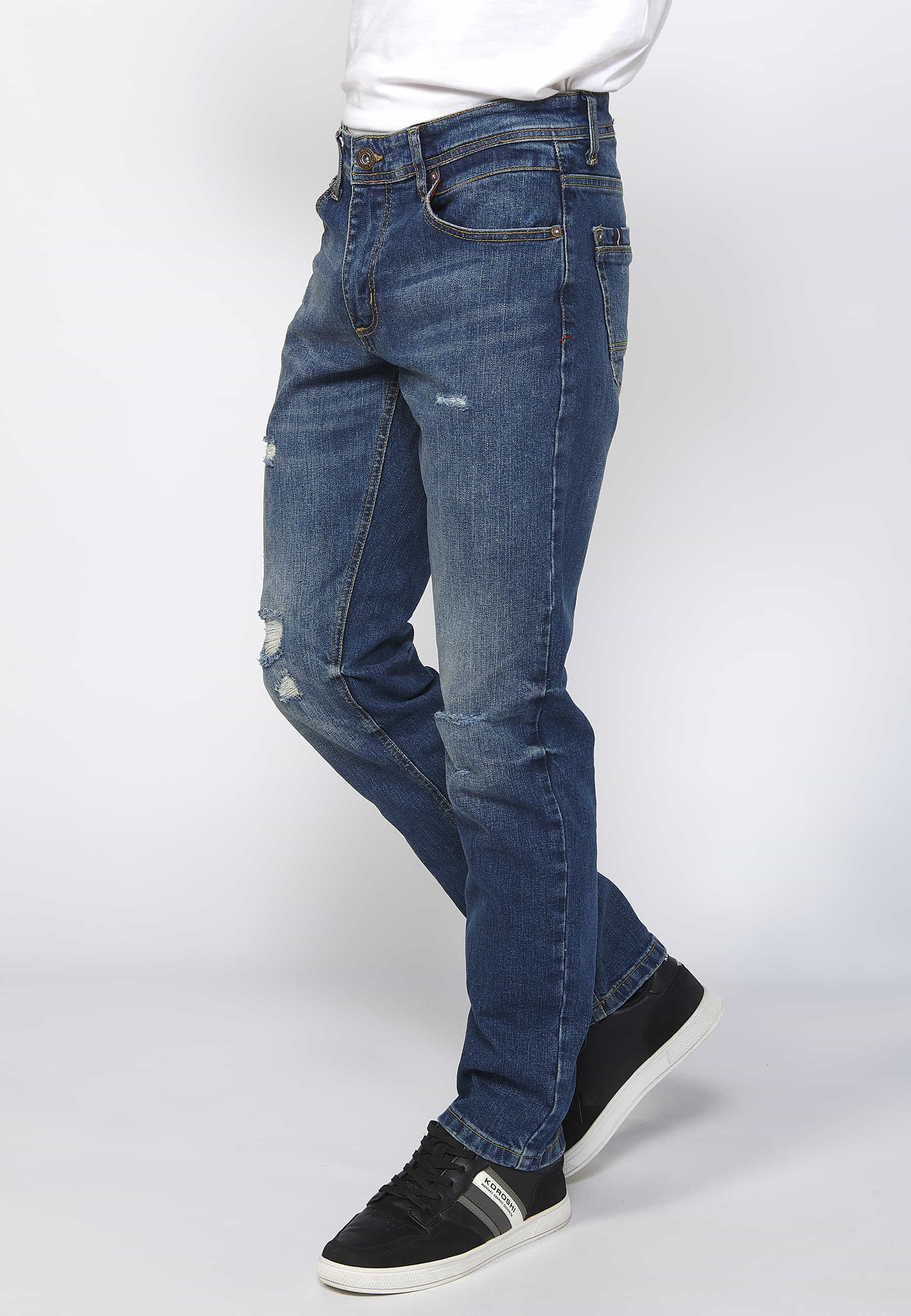 Gerade geschnittene lange Denim-Hose mit normaler Passform, Reißverschluss und Knopfverschluss vorne in Blau für Herren 2